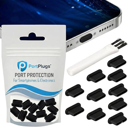 PortPlugs USB C Dust Plugs Keep Charging Ports Clean for iPhone 15 16 17, Kindle, Samsung, Pixel, MacBook and Android Devices | 10 Pack Port Cover Set with Cleaning Brush (Black)