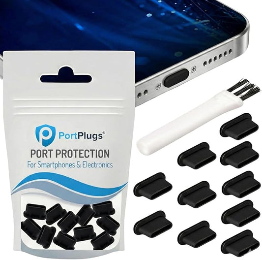 PortPlugs USB C Dust Plugs Keep Charging Ports Clean for iPhone 15 16 17, Kindle, Samsung, Pixel, MacBook and Android Devices | 10 Pack Port Cover Set with Cleaning Brush (Black)