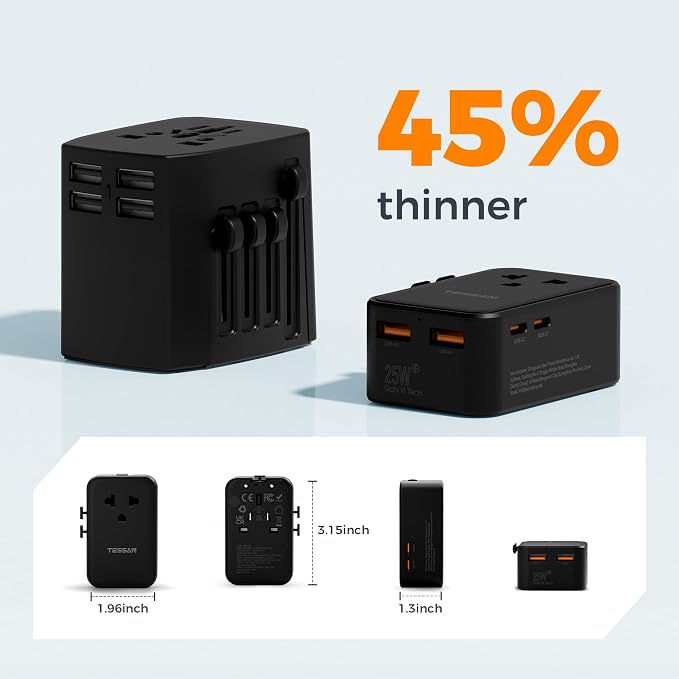 TESSAN International Power Adapter PD 25W, Black | Ultra Thin Universal Travel Adapter, 2 USB A 2 USB C, US to European UK Australia Ireland, Type C G A I
