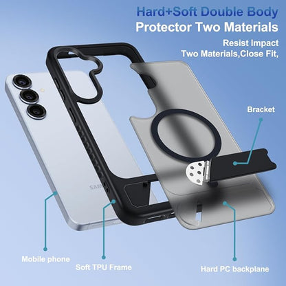 RMOCR for Samsung Galaxy S25 Plus Case with Screen Protector+Lanyard Wrist Strap,Magnetic Translucent Matte Rugged Slim Phone Cover Built in Invisible Kickstand [Fit for MagSafe],2025 Black