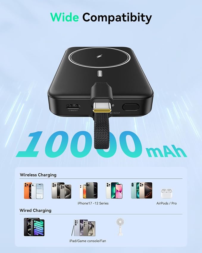 GREPRO Magnetic Portable Charger Power Bank,10000mAh Battery Pack for Magsafe,22.5W Fast Charging Power Bank with Built in USB C Cable,LCD Display,Wireless Charger for iPhone 17/16/15/14/13/12 Series