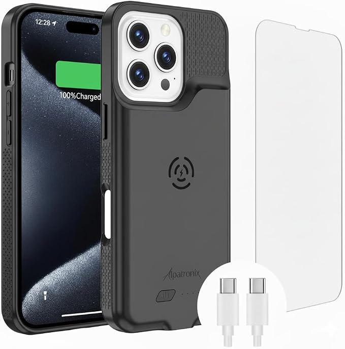 Alpatronix Battery Case for iPhone 15 Pro & 15, Portable Strong Slim Protective Extended Charger Cover, 15W Fast Charging, 7000mAh Wireless Charging Case, Apple Pay, CarPlay (BX15) –Dark Black