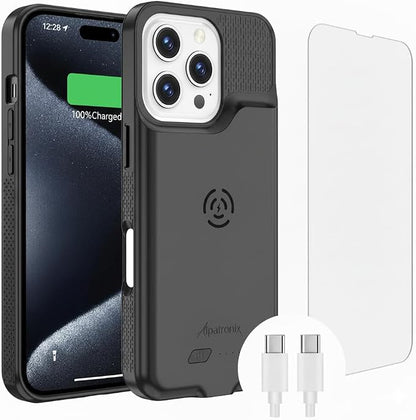 Alpatronix Battery Case for iPhone 15 Pro & 15, Portable Strong Slim Protective Extended Charger Cover, 15W Fast Charging, 7000mAh Wireless Charging Case, Apple Pay, CarPlay (BX15) –Dark Black