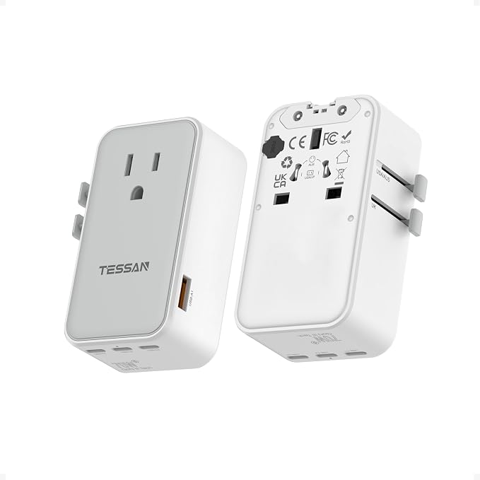 TESSAN Universal Travel Adapter 70W, Type C G A I | Ultra Thin, 4 USB Ports (3 USB C), Worldwide Plug for US to European UK Australia Spain France Ireland