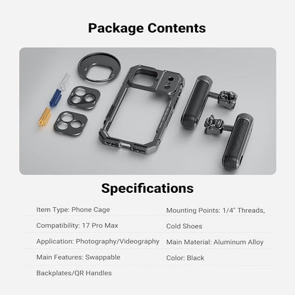 NEEWER Phone Cage Kit Compatible with iPhone 17 Pro Max Only, Video Rig Stabilizer Accessories with 67mm Filter Ring, 17mm Lens Backplate, T Mount Adapter, Two Quick Release Handles, PA144 (Black)