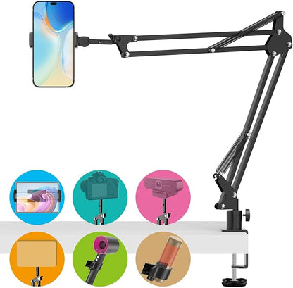 Overhead Camera Phone Mount, Desk Phone Stand for Recording, Phone Holder for Bed with Phone/Tablet/Mic Clamps, 1/4" Thread Magic Arm for DSLR, Webcam, iPad, TikTok, YouTube, Streaming, Cooking, Video