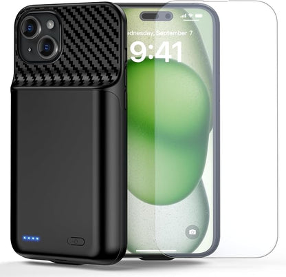 Battery Case for iPhone 15 Plus(6.7 inch) 13800mAh High Capacity Charging Case [2026 Upgraded] Portable Rechargeable Extended Charger Case with Tempered Glass Screen Protector Black
