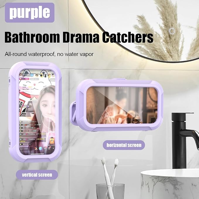 360° Rotatable Retractable Adjustable Shower Phone Case Holder,Anti-fog HD & sensitive screen ,Wall Mounted Phone Holder for Bathroom Mirror Bathtub Kitchen,Shower Accessories for 4-7" Phones (purple)