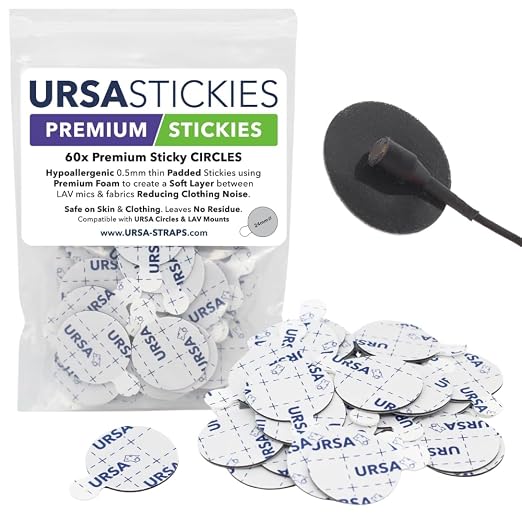 URSA Premium Sticky Circles for Lavalier Microphones, 60 Pack, 24 mm Thin Padded Stickies for Discreet Mic Mounting, Hypoallergenic Adhesive, Reduces Clothing Noise