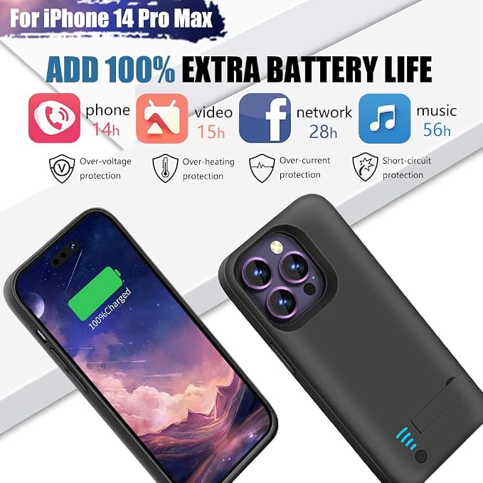 Battery Case for iPhone 14 Pro Max, 6000mAh Rechargeable Extended Battery Charging/Charger Case, Add 100% Extra Juice (6.7 Inches) Black