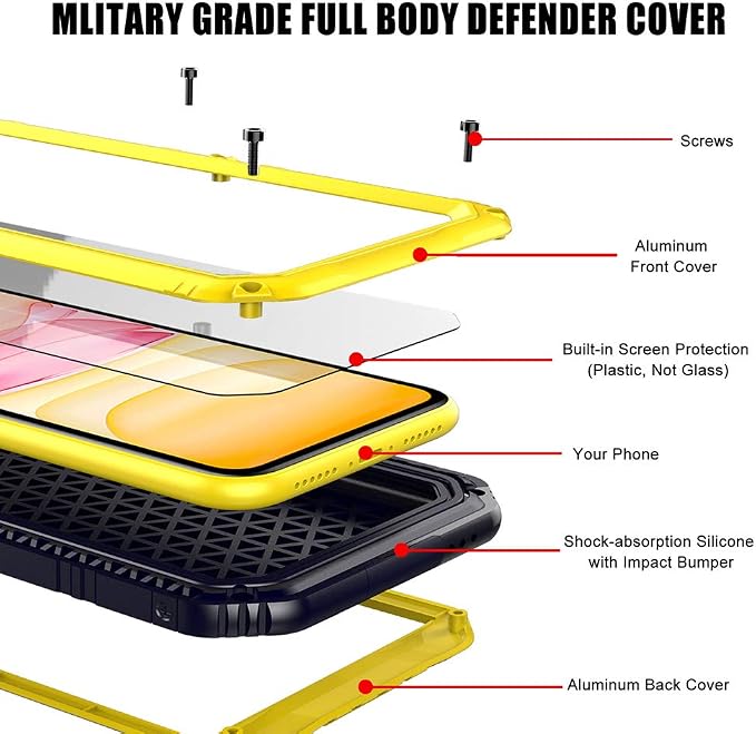 Mitywah Waterproof Case for iPhone 11, Heavy Duty Military Grade Shockproof Cover Built-in Screen Protection, Metal Case Full Body Dustproof Strong Rugged Thick for iPhone 11, Yellow