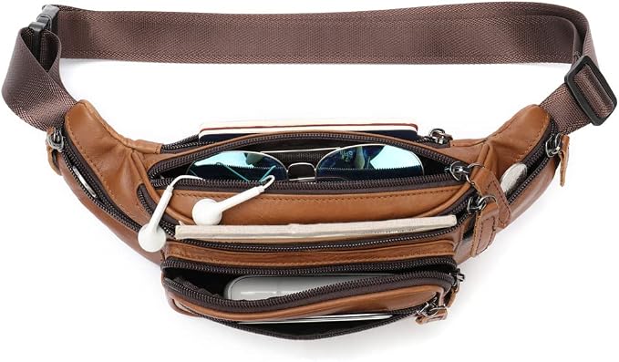Leather Fanny Pack Waist Bag for Men Women Outdoor Travel Hiking Camping Walking Running Hip Bum Belt Slim Cell Phone Purse Wallet Pouch (#03Brown)