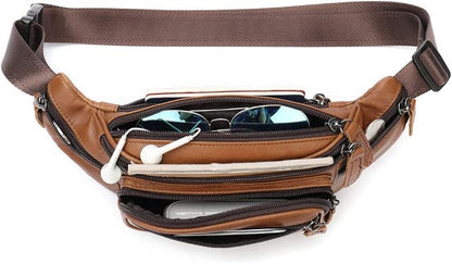 Leather Fanny Pack Waist Bag for Men Women Outdoor Travel Hiking Camping Walking Running Hip Bum Belt Slim Cell Phone Purse Wallet Pouch (#03Brown)