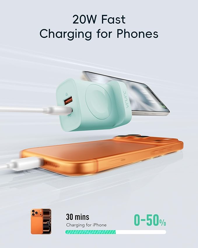 VRURC for Apple Watch Charger, Wireless Magnetic Portable iWatch Charger, PD 20W 3-in-1 Travel Essentials Fast Charging Block for iWatch Ultra/SE/11/10/9/8/7/6/5,iPhone 17/16/15/14/13 etc-Green