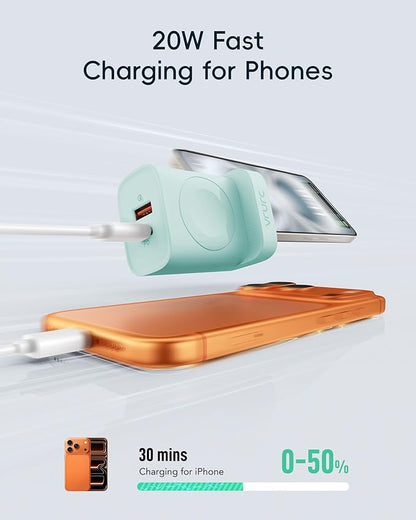 VRURC for Apple Watch Charger, Wireless Magnetic Portable iWatch Charger, PD 20W 3-in-1 Travel Essentials Fast Charging Block for iWatch Ultra/SE/11/10/9/8/7/6/5,iPhone 17/16/15/14/13 etc-Green