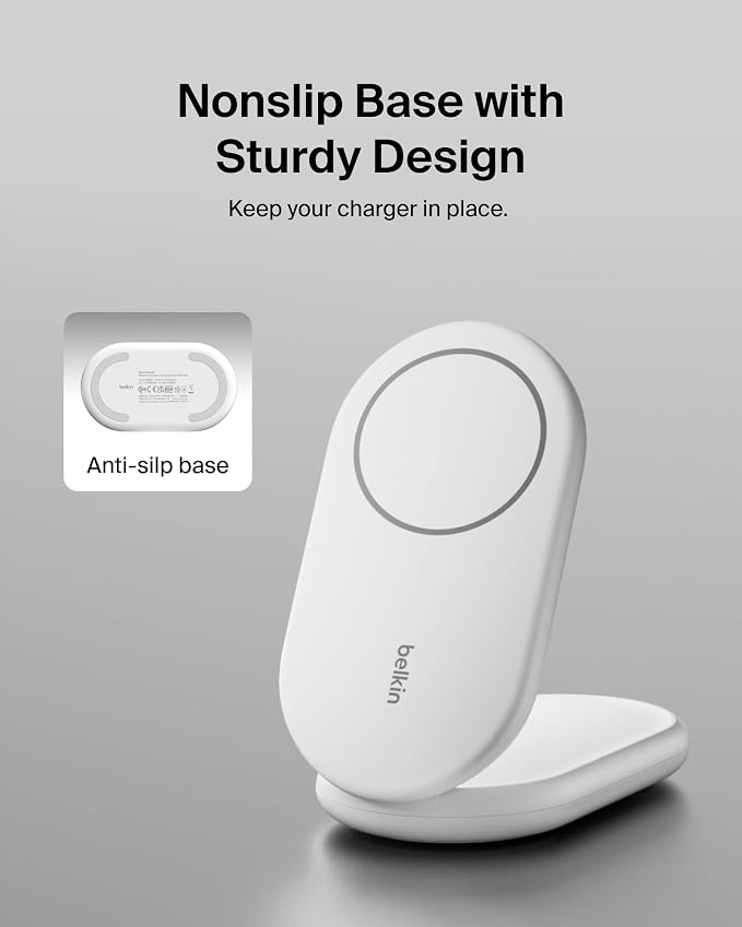 Belkin Magnetic Foldable Wireless Charging Stand 15W - MagSafe-Compatible Qi2-Certified Charger, Wireless Charging Stand for iPhone 16, Galaxy S25, & More - Standby Mode Ready w/PSU Included - White