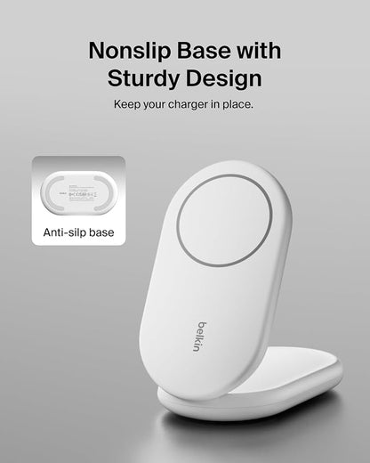 Belkin Magnetic Foldable Wireless Charging Stand 15W - MagSafe-Compatible Qi2-Certified Charger, Wireless Charging Stand for iPhone 16, Galaxy S25, & More - Standby Mode Ready w/PSU Included - White