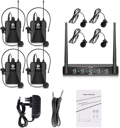 D Debra Audio AU400 Pro UHF 4 Channel Wireless Microphone System with Cordless Handheld Lavalier Headset Mics, Metal Receiver, Ideal for Karaoke Church Party (with 4 Bodypack (B))