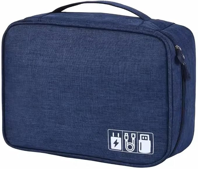 CARIGO Portable Electronics Organizer Bag, Double Layer Travel Gadget Organizer, Waterproof Digital Storage Case for Cables, Chargers, USB, SD Cards, Power Bank (Navy)