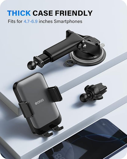 OQTIQ 3-in-1 Suction Cup Phone Holder Windshield/Dashboard/Air Vent, Dashboard & Windshield Suction Cup Car Phone Mount with Strong Sticky Gel Pad (Black & Silver)