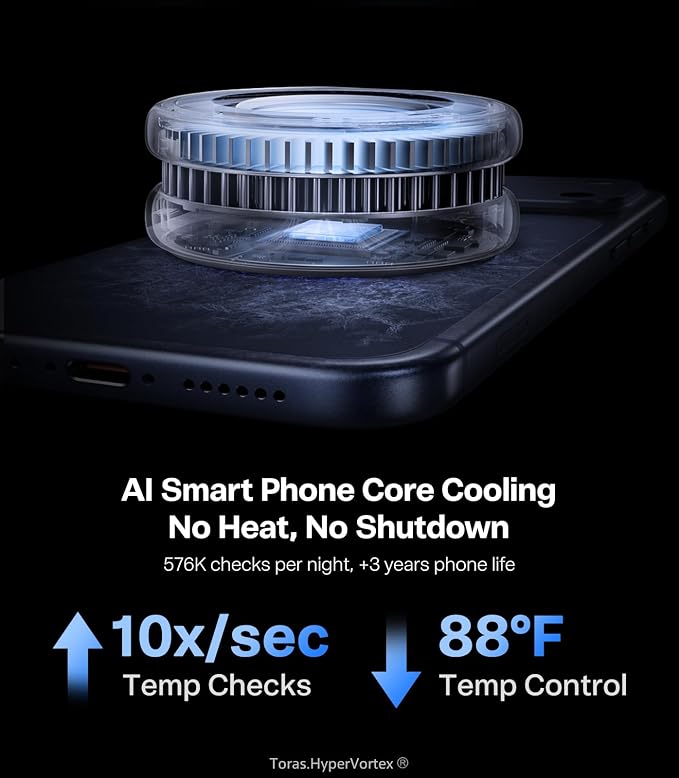 TORRAS PolarCircle Qi2.2 Wireless Charger, 25W Cooling Magnetic Pad for Samsung Galaxy S26/S25, Wireless Charger for iPhone 17/16 with 360°Spin Stand, Semiconductor Phone Cooler, with 45W IceNano Plug