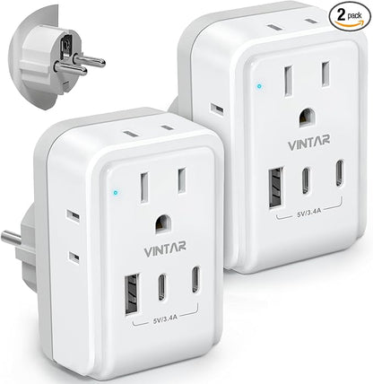 2 Pack Type E F Travel Plug Adapter, VINTAR Germany France Plug Adapter with 4 Outlets 3 USB Ports(2USB C), South Korea Outlet Adapter, Schuko Power Adaptor for US to Europe Spain Greece Iceland Korea