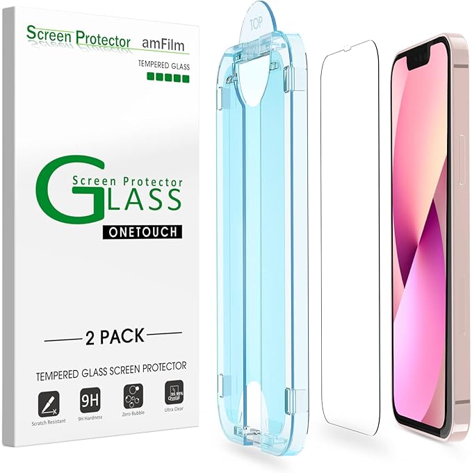 amFilm OneTouch Glass Screen Protector Compatible with iPhone 13 Mini 5.4" 2021 with Easy Installation Kit, Full Coverage Case Friendly, Tempered Glass, 2 Pack