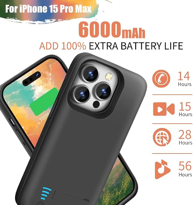 Battery Case for iPhone 15 Pro Max, 6000mAh Rechargeable Extended Battery Charging/Charger Case, Add 100% Extra Juice (6.7 inch) Black