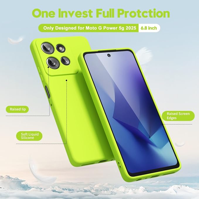 oakxco for Motorola Moto G Power 2025 Case Liquid Silicone, Cute Thin Slim Soft Rubber Gel for Women Men, Smooth Matte TPU Plain Bright Color Girly Case with Camera Cover, Fluorescent Neon Green Lime