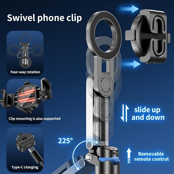 Mini Selfie Stick for iPhone, 4-in-1 Multifunctional 360° Rotation Magnetic Selfie Stick with Remote Control, Small Pocket Tripod Handle Grip Extendable Stand for iPhone Android Phones Recording