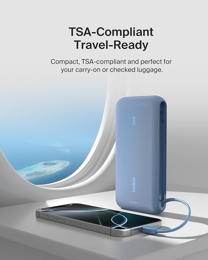 Belkin Power Bank with Integrated Cable, Fast Charging USB-C, 20000 mAh 30W, Portable Charger Power Bank USB C for iPhone 17, Air, Pro, Pro Max, iPad, AirPods, Apple Watch, Galaxy S25, & More - Blue