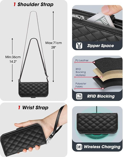 OCASE for iPhone 17 Pro Crossbody Wallet Case - Stylish PU Leather Handbag Phone Purse with Zipper Closure, Card Slots & RFID Blocking - Wrist Strap, Lanyard, Kickstand - Diamond Check Black