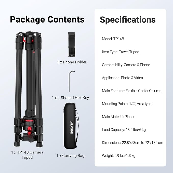 NEEWER Basics 72" / 182 cm Travel Tripod Monopod for Camera, Compact Lightweight Portable Video Recording Stand, Arca Type Ball Head, Cell Phone Holder Compatible with iPhone, Max Load 13.2 lb, TP14B