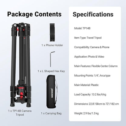 NEEWER Basics 72" / 182 cm Travel Tripod Monopod for Camera, Compact Lightweight Portable Video Recording Stand, Arca Type Ball Head, Cell Phone Holder Compatible with iPhone, Max Load 13.2 lb, TP14B