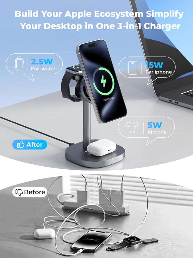 havit 3 in 1 Magnetic Wireless Charging Station, 15W Fast Charging Stand with Cooling Fan, Adjustable Phone Holder, Strong Magnet Charger for iPhone, Apple Watch & AirPods, 45W Adapter Included