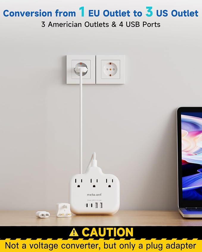 European Travel Plug Adapter, US to European Plug Adapter with 3 American Outlets & 4 USB, 3ft European Power Cord, International Travel Power Strip, Type C for Europe EU Germany France, Travel, White