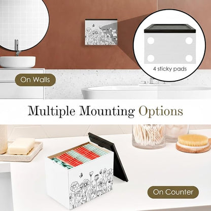 HOTCAN Discreet Tampon Holder for Bathroom with Vanity Tray Lid, Tampon Organizer for bathroom for Wall or Countertop Mount, Wood Pad Dispenser, Feminine Product Organizer (Floral)