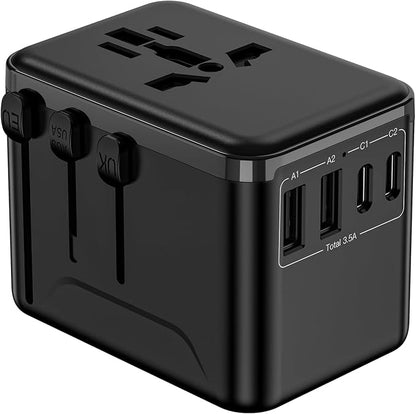 CC Store Universal Travel Adapter,European Travel Plug Adapter with 2 USB-C(17.5W) ＆ 2 USB-A Ports(Not a Voltage Converter) – for USA, UK, EU, AU ＆ 224+ Countries Black