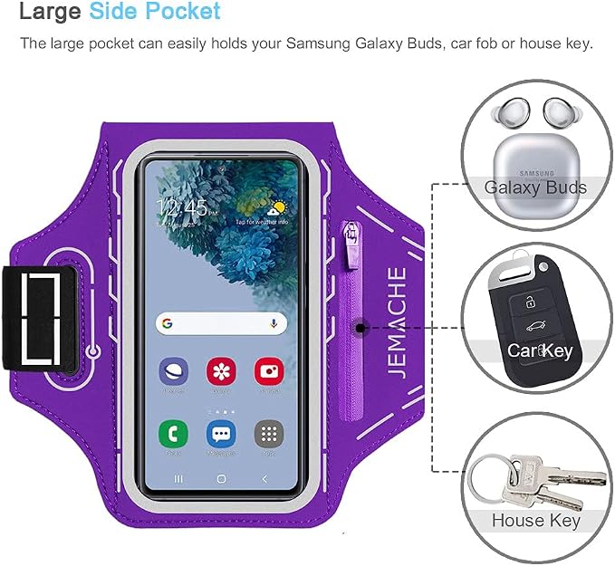 JEMACHE Armband for Samsung Galaxy S26 S25 S24 S23 S22 Ultra/Plus/FE, Gym Running Workouts Arm Band with Earbuds Holder (Purple)