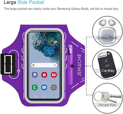 JEMACHE Armband for Samsung Galaxy S26 S25 S24 S23 S22 Ultra/Plus/FE, Gym Running Workouts Arm Band with Earbuds Holder (Purple)