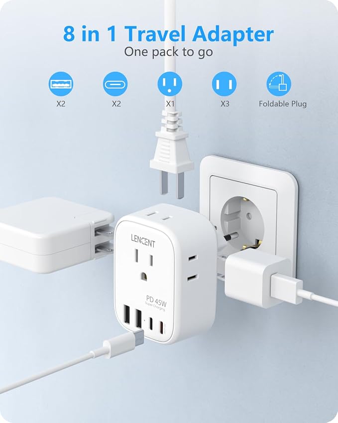 LENCENT European Travel Plug Adapter, PD 45W Type C Foldable Power Plug | with 4 Outlets 4 USB Ports, USB Fast Charger Adaptor, Power Adaptor for US to Most of Europe EU Spain Italy France Germany