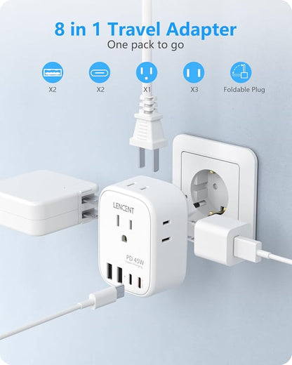 LENCENT European Travel Plug Adapter, PD 45W Type C Foldable Power Plug | with 4 Outlets 4 USB Ports, USB Fast Charger Adaptor, Power Adaptor for US to Most of Europe EU Spain Italy France Germany