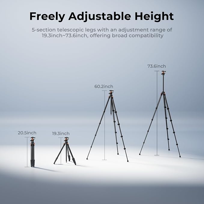 K&F CONCEPT 73" Aluminum Compact Camera Tripod, Portable Travel Tripod Compatible with iPhone, 22 lbs Capacity Arca Swiss Ball Head for DSLR Mirrorless Teleprompter Spotting Scope