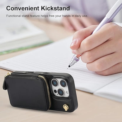 Bocasal Crossbody Wallet Case for iPhone 16 Pro, RFID Blocking Leather Purse Case with Card Holder, Protective Handbag Flip Cover with Zipper Wrist Strap Lanyard for Women 5G 6.3 Inch (Black)