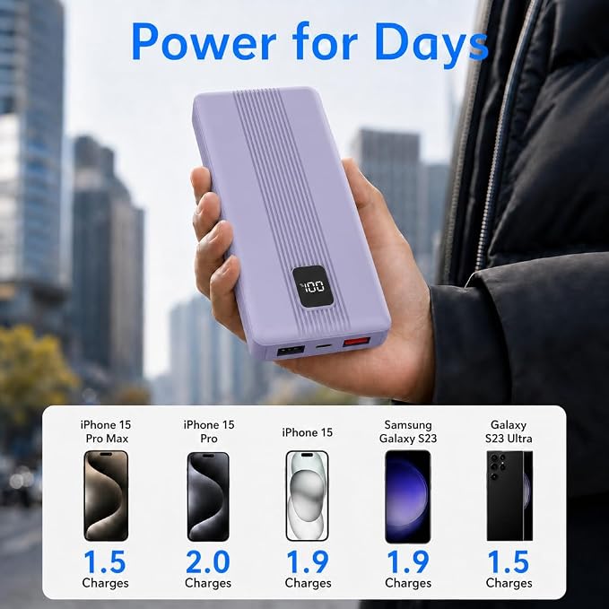 10000mAh Portable Charger with 4 Built-in Cables, 22.5W Fast Charging Power Bank, LED Display, Slim Travel Battery Pack for iPhone 17/16/15/14, Samsung Galaxy, iPad & More