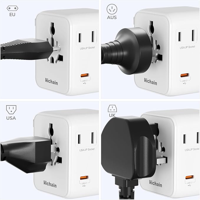 Hichain 35W Universal Travel Adapter, 7-in-1 International Power Adapter | Fast Charging Adapter for Europe Plug Universal Power Block, GaN Travel Adapter Worldwide Portable Plug for EU, UK, US, AUS