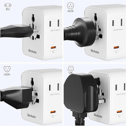 Hichain 35W Universal Travel Adapter, 7-in-1 International Power Adapter | Fast Charging Adapter for Europe Plug Universal Power Block, GaN Travel Adapter Worldwide Portable Plug for EU, UK, US, AUS