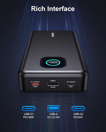 140W Power Bank, 25000mAh Laptop Portable Charger with Smart Digital Display, PD3.1 Fast Charging Battery Pack for MacBook Dell XPS iPad Tablet Steam Deck iPhone 17-12 Series Samsung Switch and More