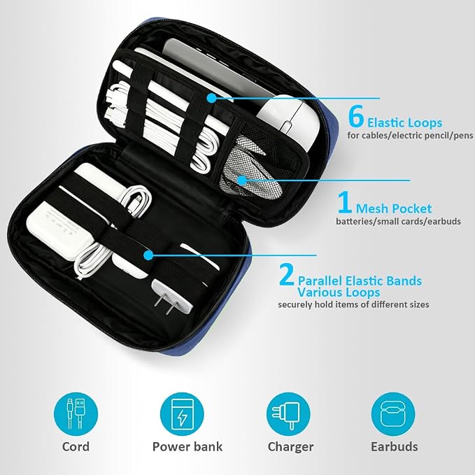 GOX Cable Organizer Travel Bag, Water Resistant Electronic Accessories Case, All-in-One Tech Storage Pouch for Chargers, Cords, Batteries,Phone, Hard Drive & Power Bank (Navy)