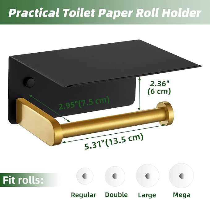 APLusee Black Gold Toilet Paper Holder with Phone Shelf, 304 Stainless Steel Bathroom Paper Holder Wall Mounted, Heavy Duty Tissue Roll Dispenser